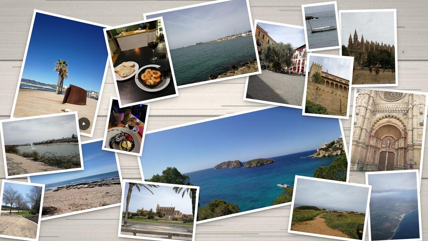 Fotocollage Mallorca: Palma mit dem E-Bike, mit Video-Startknopf